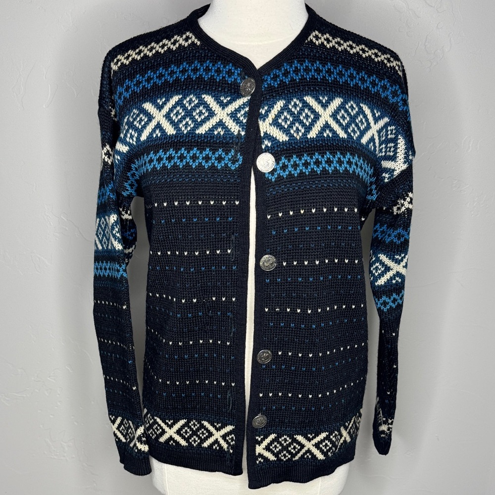 Navy Blue Patterned Women's Cardigan With Great Buttons